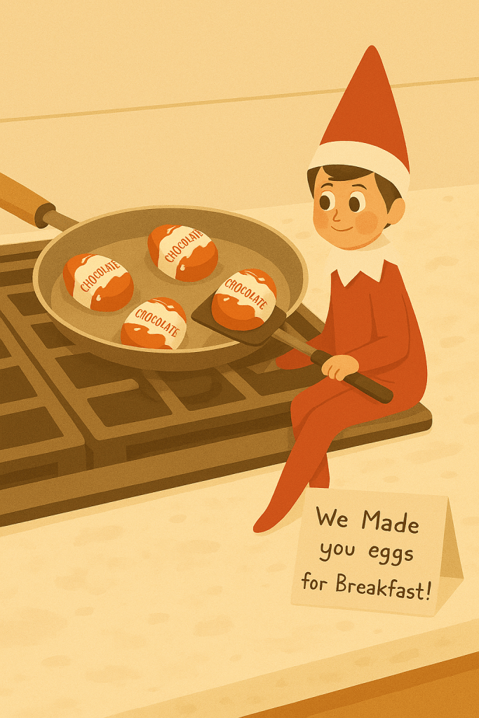 Elf on the Shelf cooking Kinder Surprise eggs in a frying pan with a note reading We Made You Eggs.