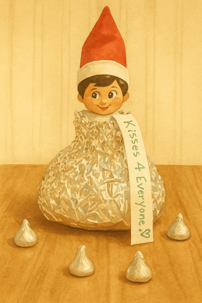 Elf on the Shelf wrapped in aluminum foil like a giant Hershey Kiss with a paper tag reading Kisses for Everyone.