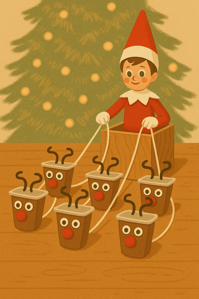 Elf on the Shelf pulled by chocolate pudding cups decorated like reindeer with red noses and googly eyes.