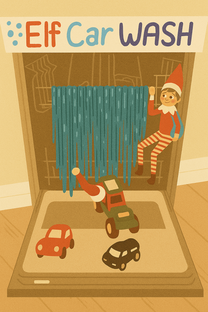 Elf on the Shelf operating a pretend car wash inside a dishwasher using tinsel and toy cars.