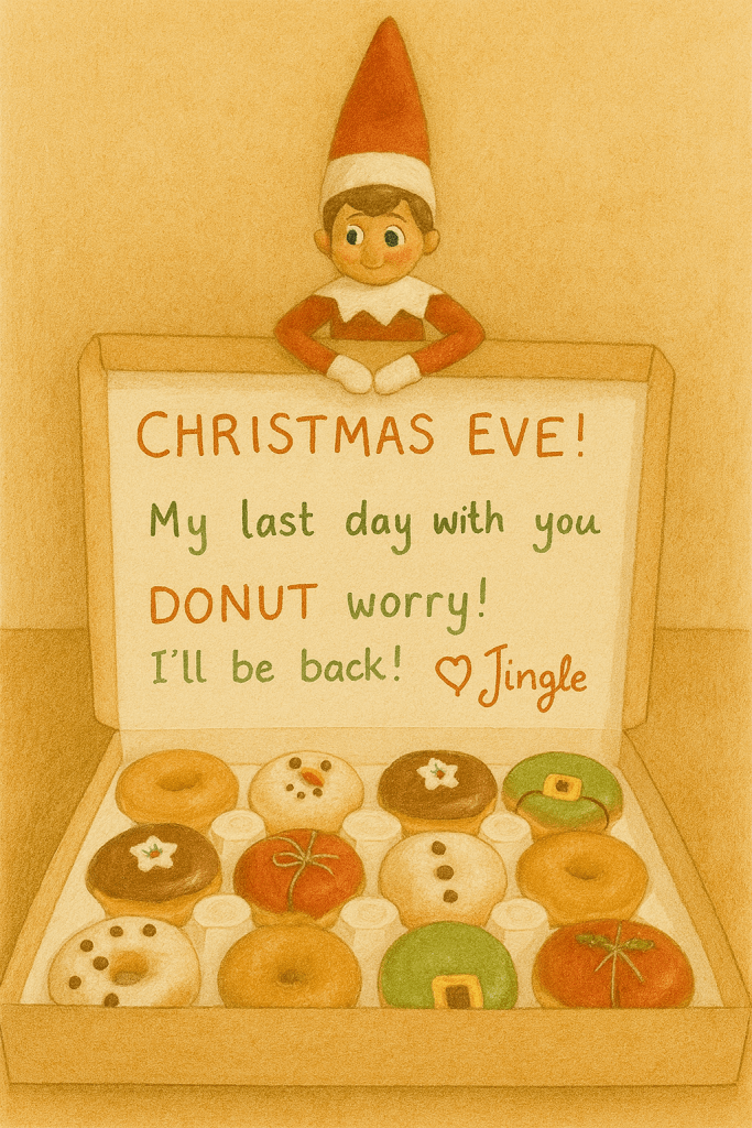 Elf on the Shelf sitting on a donut box with a handwritten Christmas Eve goodbye message.
