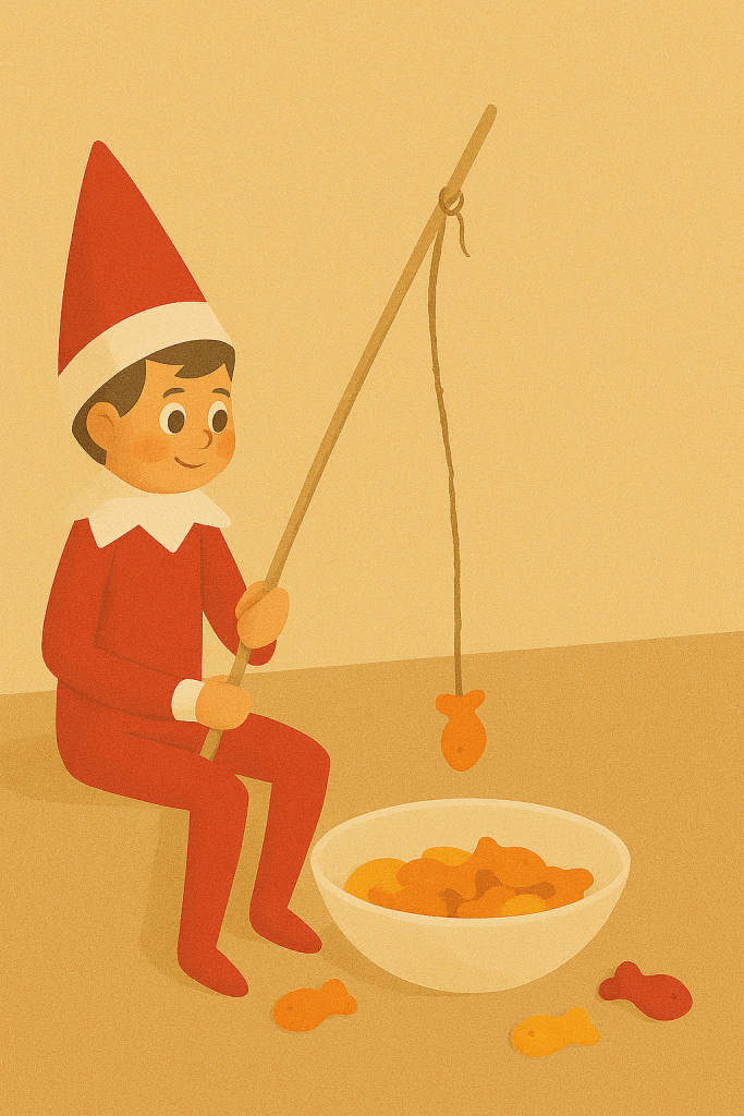 Elf on the Shelf fishing for Goldfish crackers using a stick and string.