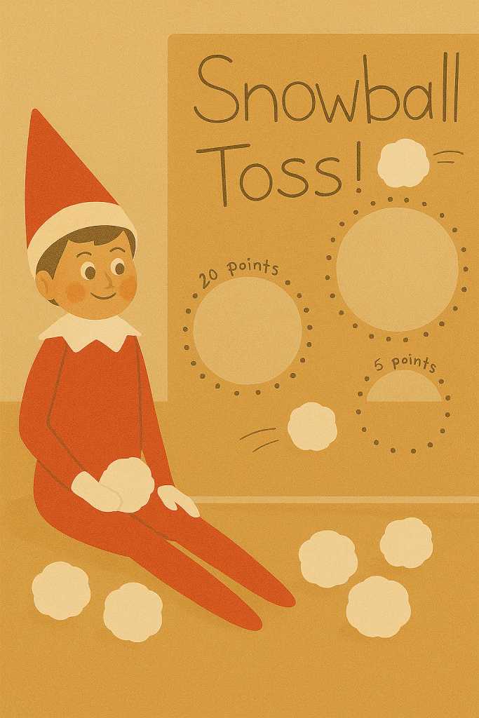 Elf on the Shelf sitting beside a homemade snowball toss game made from cardboard and cotton balls.