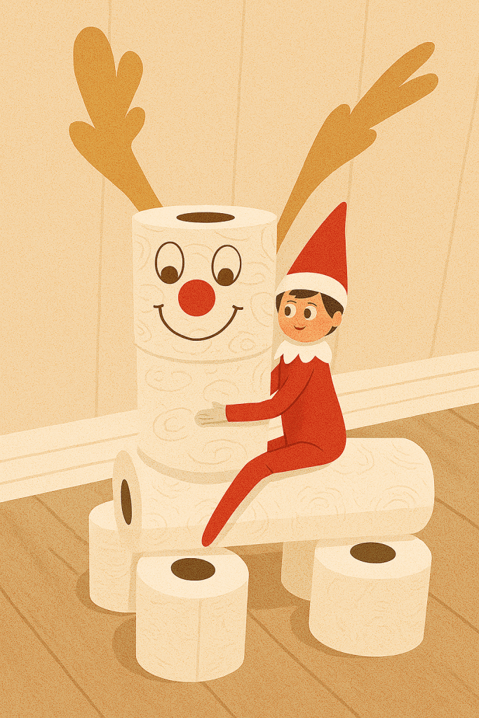 Elf on the Shelf riding a reindeer made from stacked toilet paper rolls with antler decorations.