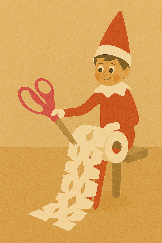Elf on the Shelf holding scissors beside a roll of toilet paper cut into snowflake patterns.
