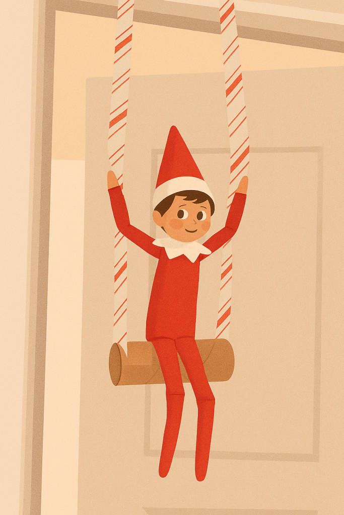 Elf takes a ride on a ribbon swing made from wrapping paper ribbon and a toilet paper roll.